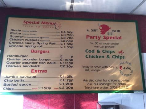 Menu at Mr Chippy restaurant, Grays, 660 London Rd