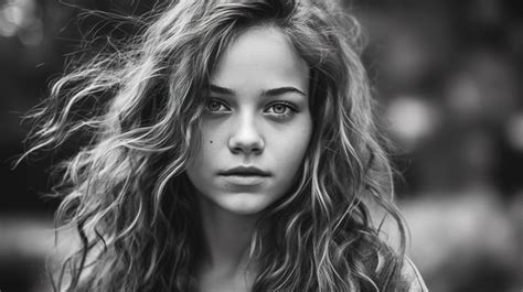 Curly Hair Girl With Is Looking Towards The Camera In Black And White