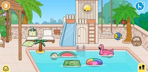 a cartoon pool with water slides and palm trees