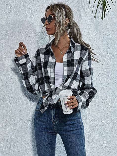 Top Mit Knöpfen Vorn Und Plaid Muster Plaid Shirt Outfits Flannel