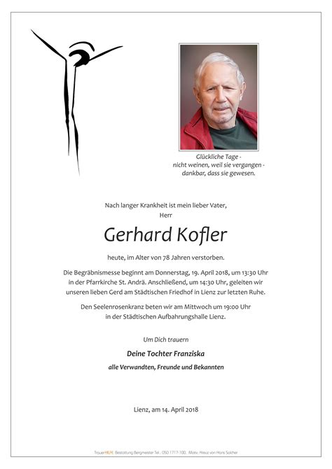 Todesanzeige Gerhard Kofler Trauer Link