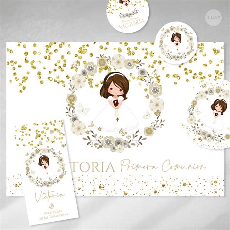 Kit Imprimible Bautismo Comuni N Nena Flores Glitter Dorado Tukit