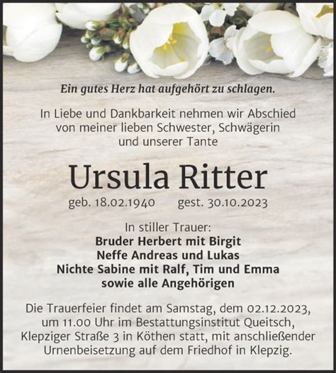 Traueranzeigen Von Ursula Ritter Abschied Nehmen De