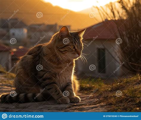 Lazy Cat Wandering In Village At Sunset Stock Illustration