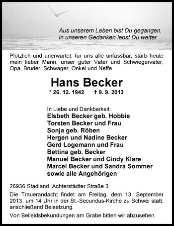 Traueranzeigen Von Hans Becker Nordwest Trauer De