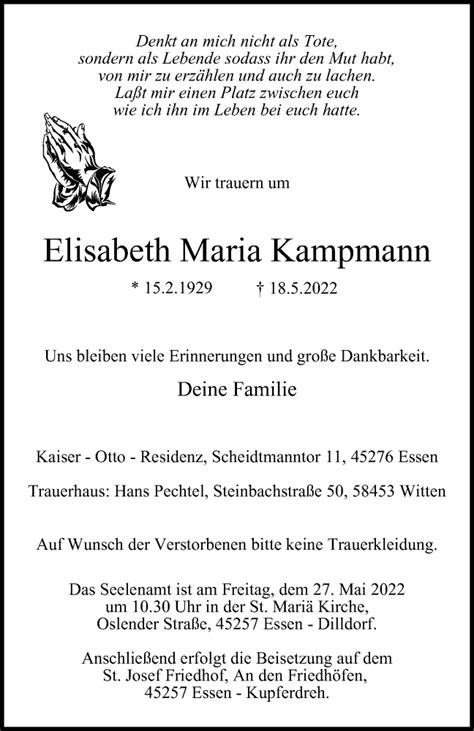 Traueranzeigen Von Elisabeth Maria Kampmann Trauer In Nrw De