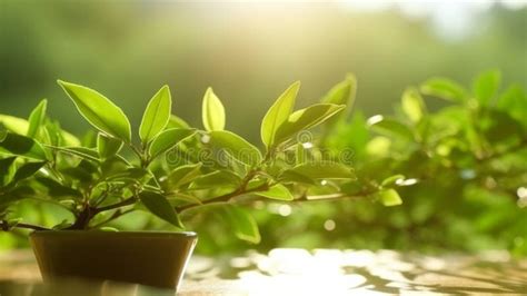 Beautiful Green Tea Leaves With Sunlight Close Generative Ai Stock