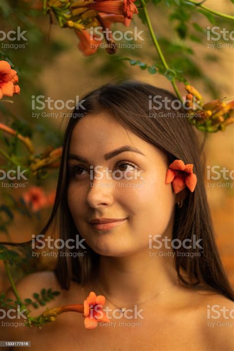 Portrait Happy Young Woman Wearing Blue Dress Laughing Looking At