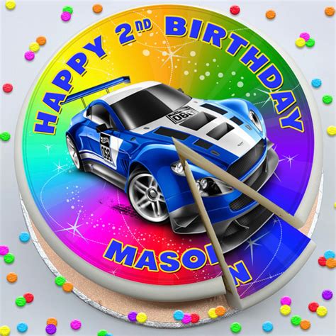 Colourful Blue Sports Car Happy Birthday Personalised Pre Cut Etsy Uk