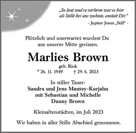 Traueranzeigen Von Marlies Brown Vrm Trauer De