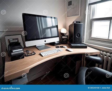 Minimalist Office with Computer and Adjustable Standing Desk Stock ...