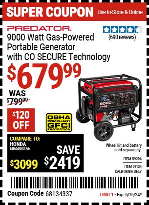 Predator Watt Gas Powered Portable Generator With Co Secure