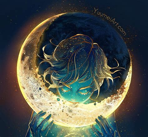 Moon eater, yellow, luna, luminos, wenqing yan, blue, art, fantasy ...