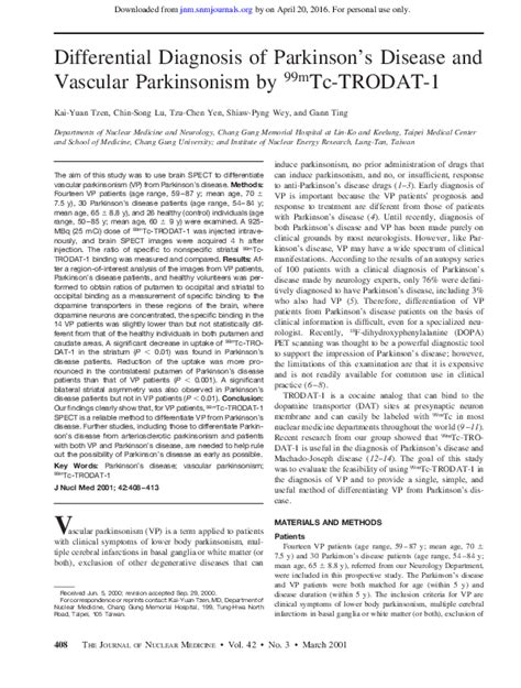 Pdf Differential Diagnosis Of Parkinsons Disease And Vascular Parkinsonism By 99mtc Trodat 1