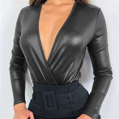 New Trendy Women Pu Leather Bodysuit Jumpsuit Plunge V Neck Long