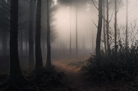 Niebla Densa En El Bosque De Oto O Con Hojas Amarillas Y Musgo Verde En