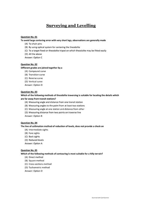 Surveying And Levelling Multiple Choice Questions And Answers Civil