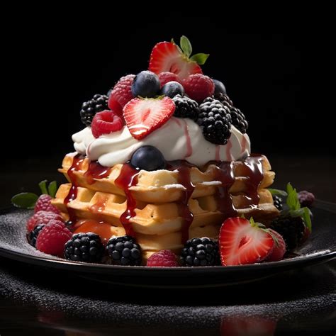 Premium Ai Image Photo Waffles With Fruit And Maple Syrup On Black