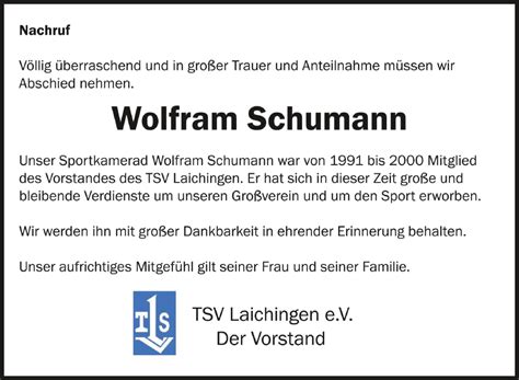 Traueranzeigen Von Wolfram Schumann Schwaebische De Trauerportal