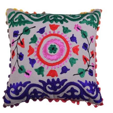 Multicolor Traditional Suzani Cotton Pillow Cover 16x16 Inches