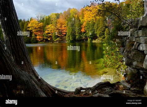 Fall colored trees reflected off Crawford Lake Ontario Canada Stock ...