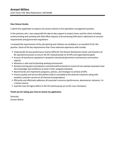 Operations Management Cover Letter Velvet Jobs