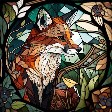 A Stained Glass Window With A Fox In It S Head And Leaves Around It