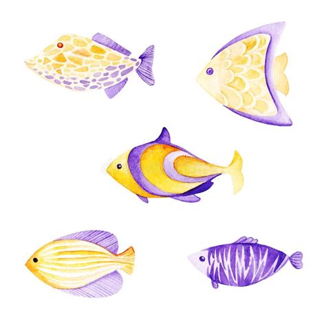 Watercolor Fish Set Ultra Violet And Gold Colors For Children Design