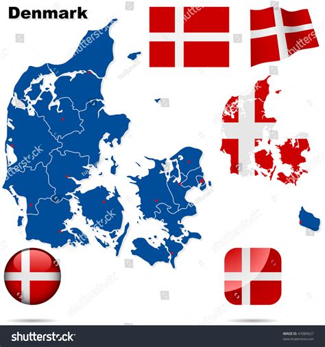 Denmark Vector Set Detailed Country Shape With Region Borders Flags