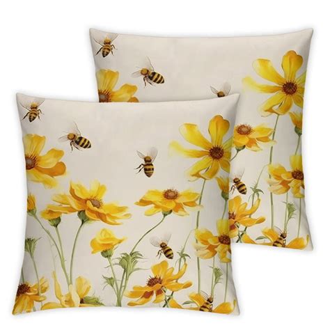 Comio Spring Summer Throw Pillow Covers Set Of 2 Yellow Flowers Coreopsis Bee Decorative Pillow