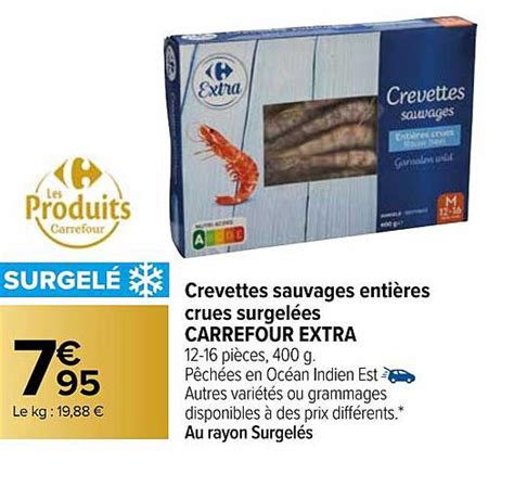 Promo Crevettes Sauvages Entières Crues Surgelées Carrefour Extra chez