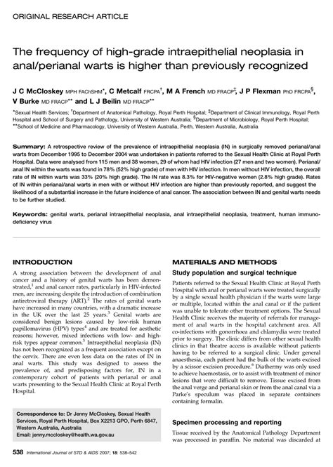 PDF The Frequency Of High Grade Intraepithelial Neoplasia In Anal Perianal Warts Is Higher