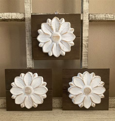 Set Of Carved Wood Flower Wall Decor Rustic Farmhouse Etsy