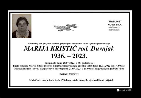 Marija Kristić rođ Duvnjak Osmrtnice KSB