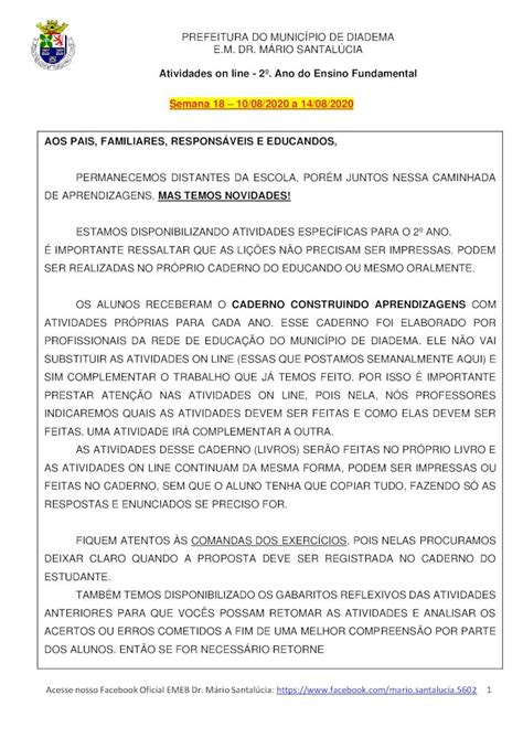 Pdf Atividades On Line Ano Do Ensino Fundamental