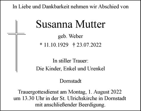 Traueranzeigen Von Susanna Mutter S Dwest Presse Trauer