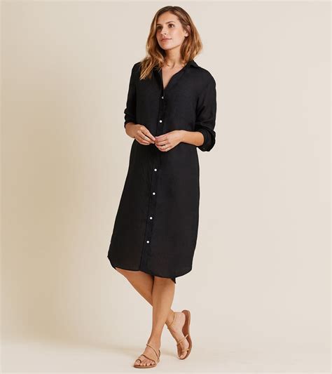 Graysons Button Up Midi Dress In Black Tumbled Linen Features Buttons