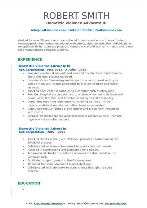 Domestic Violence Advocate Resume Samples Qwikresume