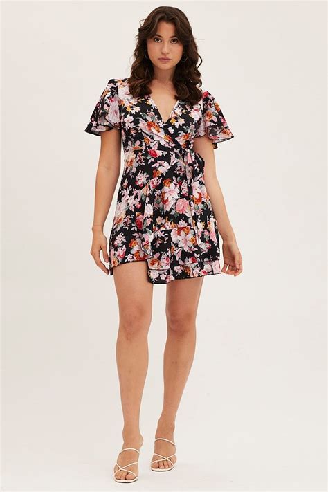 Womens Black Floral Wrap Mini Dress Ally Fashion