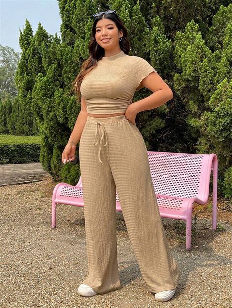 Shein Ezwear Plus Size Knit Texture T Shirt And Long Pants With Casual