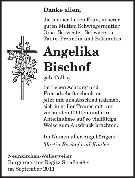 Traueranzeigen Von Angelika Bischof Saarbruecker Zeitung Trauer De