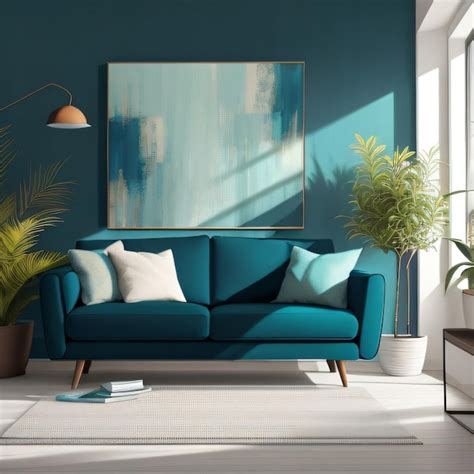 Premium Ai Image A Living Room With A Blue Couch And A Plant On The Wall