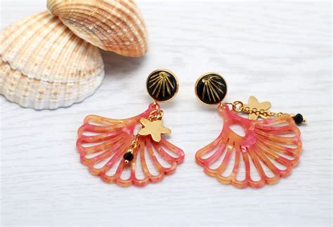 Seashell Coral Golden Earrings Nature Jewelry Statement Earrings