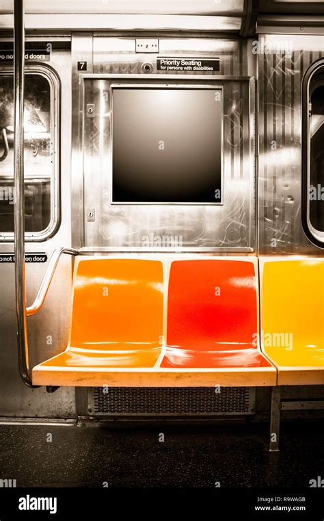 View Inside New York City Subway Train Car With Vintage Orange Color