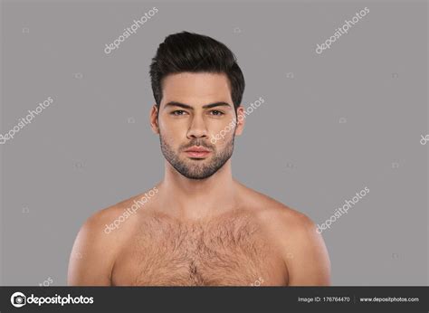 Shirtless Handsome Brunette Man Grey Background Stock Photo By