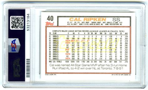 CAL RIPKEN JR RARE POP 40 1992 TOPPS GOLD WINNER PSA 9 MINT CARD 40