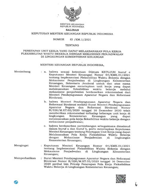 Kmk 85 2021 Penetapan Unit Kerja Fwb Dengan Penjadwalan Pdf