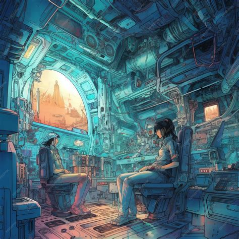 Premium AI Image | vintage 90s anime style cluttered starship interior