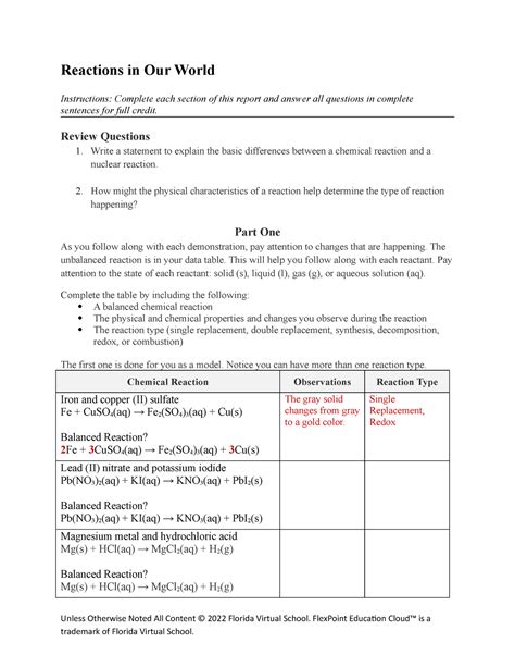 Reactions In Our World Report Reactions In Our World Instructions