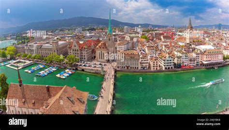 Aerial Panorama Of Zurich Old Town With Famous Fraumunster St Peter